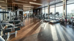 A commercial gym lounge with cardio and strength machines.